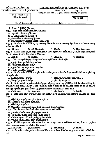 Đề kiểm tra giữa kì 2 Giáo dục công dân Lớp 11 (Lớp sáng) - Mã đề 004 - Năm học 2021-2022 - Trường THPT Thị xã Quảng Trị (Có đáp án)