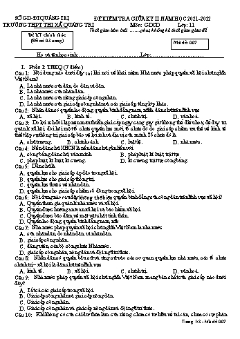 Đề kiểm tra giữa kì 2 Giáo dục công dân Lớp 11 (Lớp sáng) - Mã đề 007 - Năm học 2021-2022 - Trường THPT Thị xã Quảng Trị (Có đáp án)