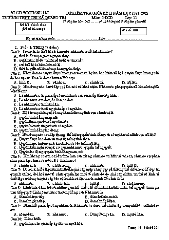 Đề kiểm tra giữa kì 2 Giáo dục công dân Lớp 11 (Lớp sáng) - Mã đề 001 - Năm học 2021-2022 - Trường THPT Thị xã Quảng Trị (Có đáp án)