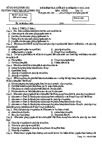Đề kiểm tra giữa kì 2 Giáo dục công dân Lớp 11 (Lớp sáng) - Mã đề 006 - Năm học 2021-2022 - Trường THPT Thị xã Quảng Trị (Có đáp án)