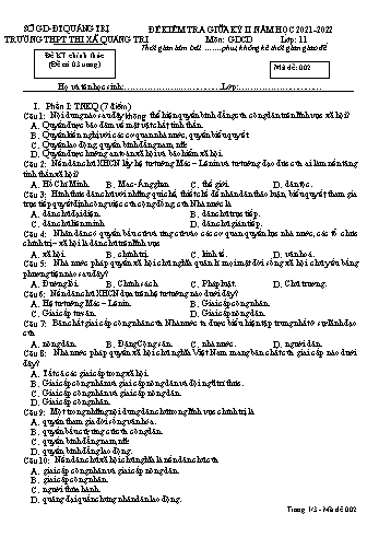 Đề kiểm tra giữa kì 2 Giáo dục công dân Lớp 11 (Lớp sáng) - Mã đề 002 - Năm học 2021-2022 - Trường THPT Thị xã Quảng Trị (Có đáp án)