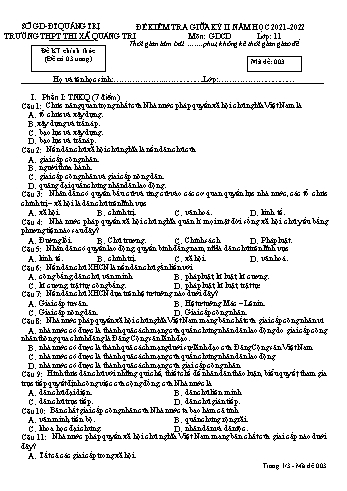 Đề kiểm tra giữa kì 2 Giáo dục công dân Lớp 11 (Lớp sáng) - Mã đề 003 - Năm học 2021-2022 - Trường THPT Thị xã Quảng Trị (Có đáp án)
