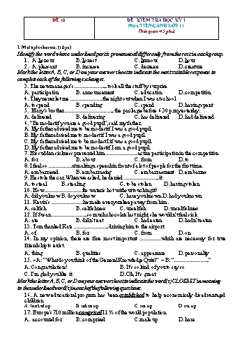 Đề kiểm tra học kì 1 Tiếng Anh Lớp 11 - Đề 10 (Có đáp án)