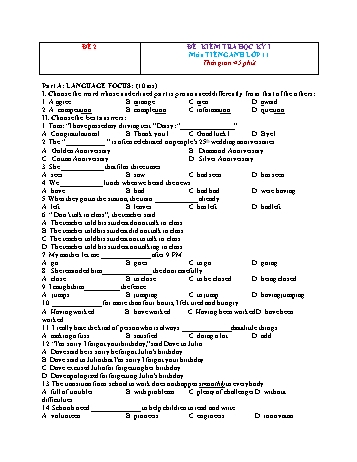 Đề kiểm tra học kì 1 Tiếng Anh Lớp 11 - Đề 2 (Có đáp án)