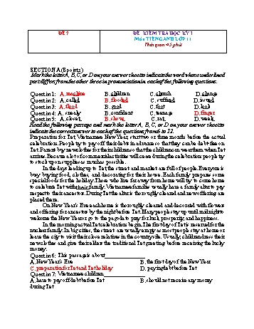 Đề kiểm tra học kì 1 Tiếng Anh Lớp 11 - Đề 7 (Có đáp án)