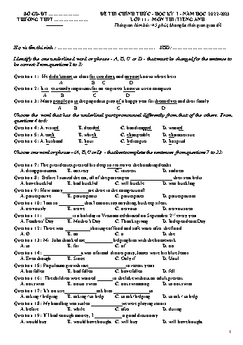 Đề thi chính thức học kì 1 Tiếng Anh Lớp 11 - Năm học 2022-2023 (Có đáp án)