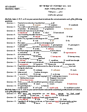 Đề thi học kì 1 Tiếng Anh Khối 11 - Năm học 2021-2022 (Có đáp án)