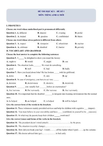 Đề thi học kì 1 Tiếng Anh Lớp 11 (Mới) - Đề số 1 (Có lời giải chi tiết)