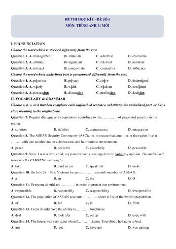 Đề thi học kì 1 Tiếng Anh Lớp 11 (Mới) - Đề số 6 (Có lời giải chi tiết)