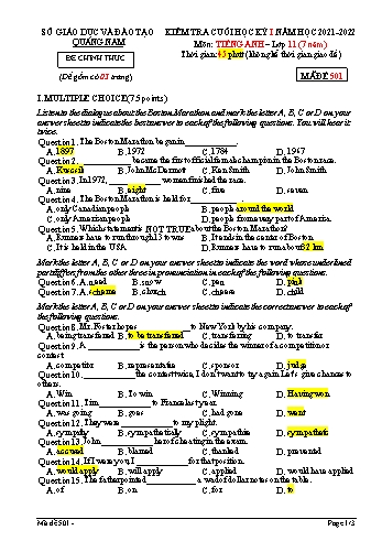 Kiểm tra cuối kì 1 Tiếng Anh Lớp 11 (Hệ 7 năm) - Mã đề 501 - Năm học 2021-2022 - Sở GD&ĐT Quảng Nam (Có đáp án)