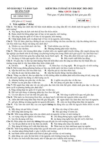 Kiểm tra cuối kì 2 Giáo dục công dân Lớp 11 - Mã đề 801 - Năm học 2021-2022 - Sở GD&ĐT Quảng Nam (Có hướng dẫn chấm)
