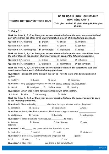 4 Đề thi học kì 1 Tiếng Anh Lớp 11 - Năm học 2021-2022 - Trường THPT Nguyễn Trung Trực (Có đáp án)