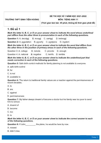 4 Đề thi học kì 1 Tiếng Anh Lớp 11 - Năm học 2021-2022 - Trường THPT Đinh Tiên Hoàng (Có đáp án)
