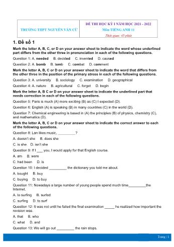 4 Đề thi học kì 1 Tiếng Anh Lớp 11 - Năm học 2021-2022 - Trường THPT Nguyễn Văn Cừ (Có đáp án)