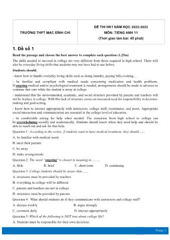 5 Đề thi học kì 1 Tiếng Anh Lớp 11 - Năm học 2022-2023 - Trường THPT Mạc Đĩnh Chi (Có đáp án)