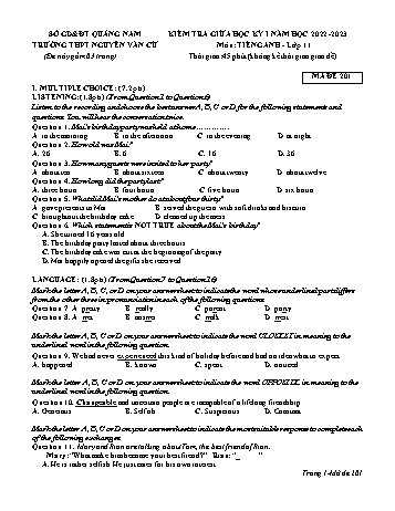 Bộ đề kiểm tra giữa học kì 1 Tiếng Anh Lớp 11 - Năm học 2022-2023 - Trường THPT Nguyễn Văn Cừ