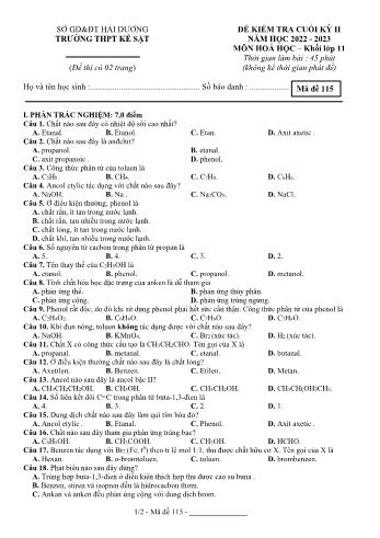 Đề kiểm tra cuối kì 2 Hóa học Lớp 11 - Mã đề 115 - Năm học 2022-2023 - Trường THPT Kẻ Sặt (Có đáp án)