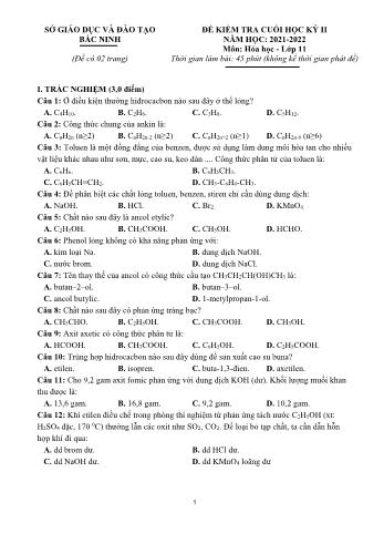Đề kiểm tra cuối kì 2 Hóa học Lớp 11 - Năm học 2021-2022 - Sở GD&ĐT Bắc Ninh (Có hướng dẫn chấm)