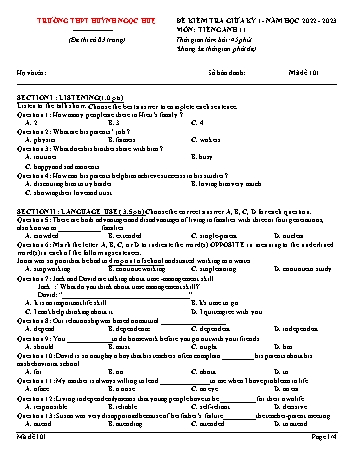Đề kiểm tra giữa học kì 1 Tiếng Anh Lớp 11 - Mã đề 101 - Năm học 2022-2023 - Trường THPT Huỳnh Ngọc Huệ