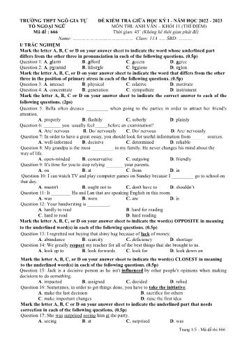 Đề kiểm tra giữa học kì 1 Tiếng Anh Lớp 11 - Mã đề 666 - Năm học 2022-2023 - Trường THPT Ngô Gia Tự (Có đáp án)