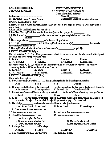 Đề kiểm tra giữa học kì 1 Tiếng Anh Lớp 11 - Năm học 2022-2023 - Trường THPT Lê Lợi