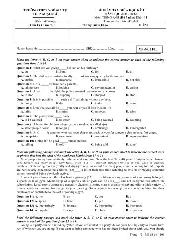 Đề kiểm tra giữa kì 1 Tiếng Anh Lớp 11 (Hệ 7 năm) - Mã đề 1101 - Năm học 2021-2022 - Trường THPT Ngô Gia Tự (Có đáp án)