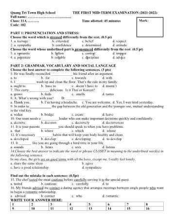 Đề kiểm tra giữa kì 1 Tiếng Anh Lớp 11 - Mã đề 102 - Năm học 2021-2022 - Trường THPT Thị trấn Quảng Trị (Có đáp án)