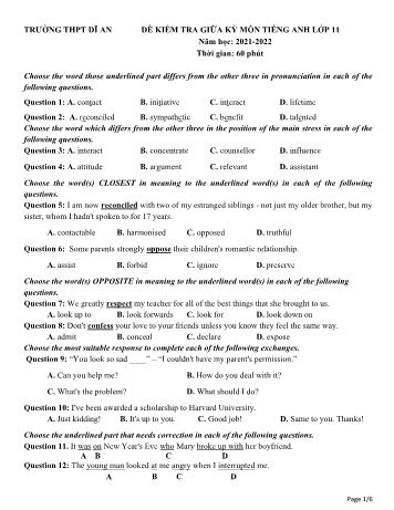 Đề kiểm tra giữa kì 1 Tiếng Anh Lớp 11 - Năm học 2021-2022 - Trường THPT Dĩ An (Có đáp án)