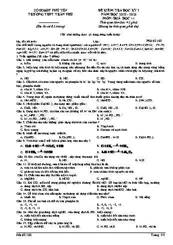 Đề kiểm tra học kì 1 Hóa học Lớp 11 - Mã đề 102 - Năm học 2022-2023 - Trường THPT Trần Phú (Có đáp án)
