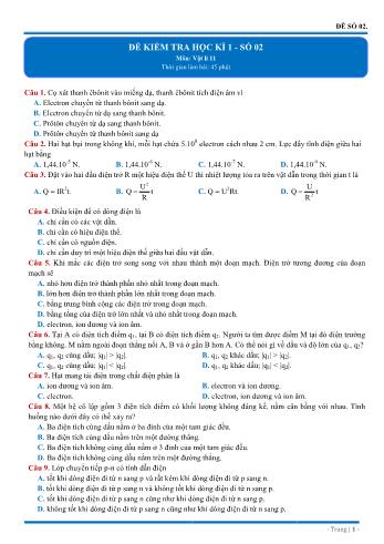 Đề kiểm tra học kì 1 Vật lí Lớp 11 - Đề số 02 (Có đáp án)