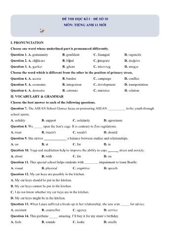 Đề thi học kì 1 Tiếng Anh Lớp 11 (Chương trình mới) - Đề số 10 (Có hướng dẫn giải chi tiết)