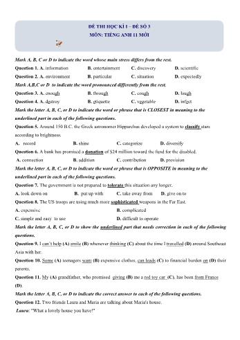 Đề thi học kì 1 Tiếng Anh Lớp 11 (Chương trình mới) - Đề số 3 (Có hướng dẫn giải chi tiết)