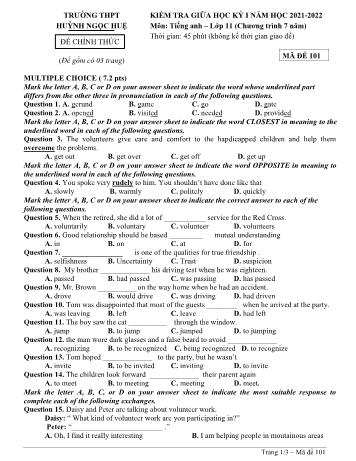 Kiểm giữa kì 1 Tiếng Anh Lớp 11 - Mã đề 101 - Năm học 2021-2022 - Trường THPT Huỳnh Ngọc Huệ (Có đáp án)