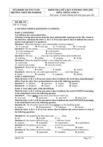 Kiểm giữa kì 1 Tiếng Anh Lớp 11 - Mã đề 135 - Năm học 2021-2022 - Trường THPT Hồ Nghinh (Có đáp án)