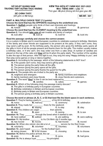 Kiểm giữa kì 1 Tiếng Anh Lớp 11 - Mã đề 501 - Năm học 2021-2022 - Trường THPT Huỳnh Thúc Kháng (Có đáp án)