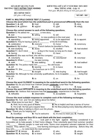 Kiểm giữa kì 1 Tiếng Anh Lớp 11 - Mã đề 502 - Năm học 2021-2022 - Trường THPT Huỳnh Thúc Kháng (Có đáp án)