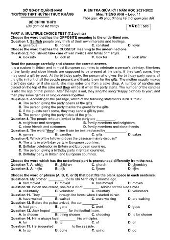 Kiểm giữa kì 1 Tiếng Anh Lớp 11 - Mã đề 503 - Năm học 2021-2022 - Trường THPT Huỳnh Thúc Kháng (Có đáp án)