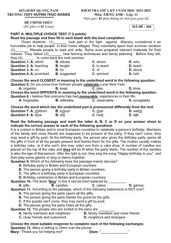Kiểm giữa kì 1 Tiếng Anh Lớp 11 - Mã đề 504 - Năm học 2021-2022 - Trường THPT Huỳnh Thúc Kháng (Có đáp án)