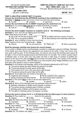 Kiểm giữa kì 1 Tiếng Anh Lớp 11 - Mã đề 505 - Năm học 2021-2022 - Trường THPT Huỳnh Thúc Kháng (Có đáp án)