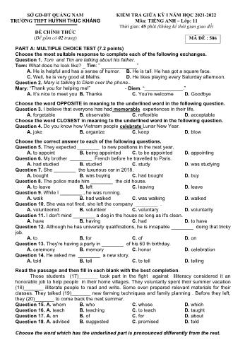 Kiểm giữa kì 1 Tiếng Anh Lớp 11 - Mã đề 506 - Năm học 2021-2022 - Trường THPT Huỳnh Thúc Kháng (Có đáp án)