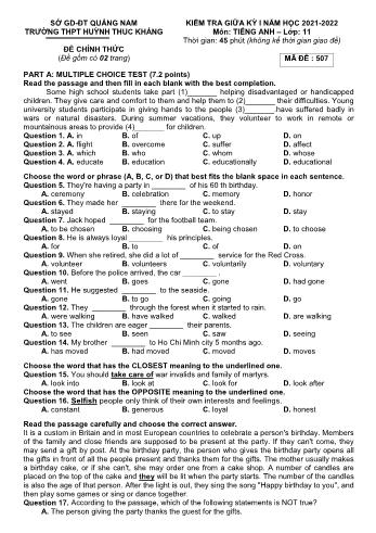 Kiểm giữa kì 1 Tiếng Anh Lớp 11 - Mã đề 507 - Năm học 2021-2022 - Trường THPT Huỳnh Thúc Kháng (Có đáp án)
