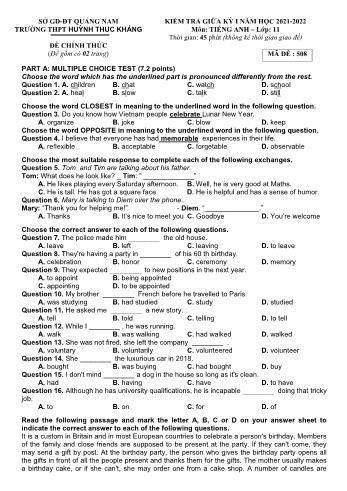 Kiểm giữa kì 1 Tiếng Anh Lớp 11 - Mã đề 508 - Năm học 2021-2022 - Trường THPT Huỳnh Thúc Kháng (Có đáp án)