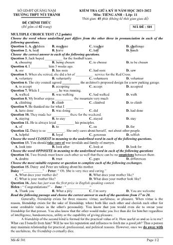Kiểm giữa kì 2 Tiếng Anh Lớp 11 - Mã đề 501 - Năm học 2021-2022 - Trường THPT Núi Thành (Có đáp án)