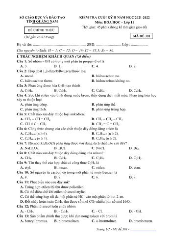 Kiểm tra cuối kì 2 Hóa học Lớp 11 - Mã đề 301 - Năm học 2021-2022 - Sở GD&ĐT Quảng Nam (Có hướng dẫn chấm)