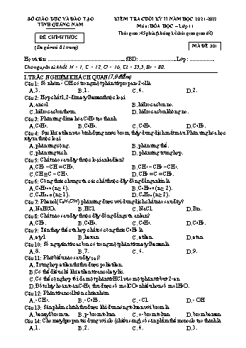 Kiểm tra cuối kì 2 Hóa học Lớp 11 - Năm học 2021-2022 - Sở GD&ĐT Quảng Nam (Có đáp án)
