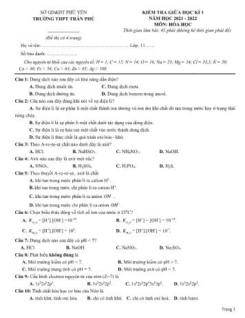 Kiểm tra giữa học kì 1 Hóa học Lớp 11 - Năm học 2021-2022 - Trường THPT Trần Phú (Có đáp án)