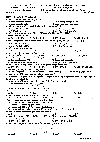 Kiểm tra giữa học kì 2 Hóa học Lớp 11 - Mã đề 102 - Năm học 2022-2023 - Trường THPT Trần Phú (Có đáp án)