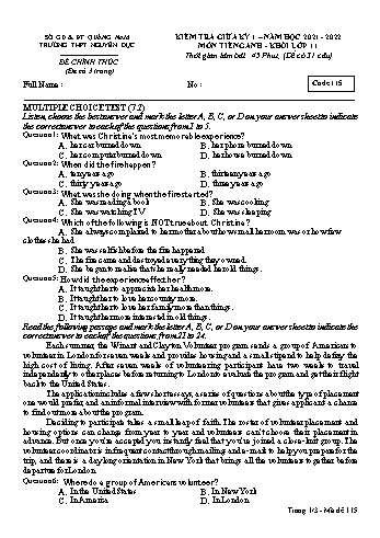 Kiểm tra giữa kì 1 Tiếng Anh Lớp 11 - Mã đề 115 - Năm học 2021-2022 - Trường THPT Nguyễn Dục
