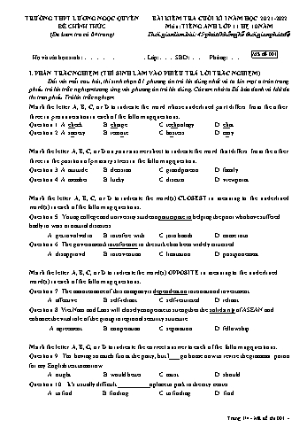 Bài kiểm tra cuối kì 1 Tiếng Anh Lớp 11 (Chương trình 10 năm) - Mã đề 001 - Năm học 2021-2022 - Trường THPT Lương Ngọc Quyến