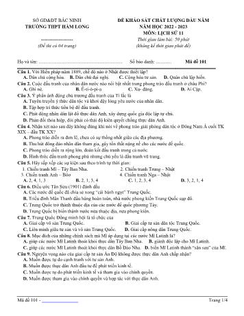 Đề khảo sát chất lượng đầu năm Lịch sử Lớp 11 - Năm học 2022-2023 - Trường THPT Hàm Long (Có đáp án)